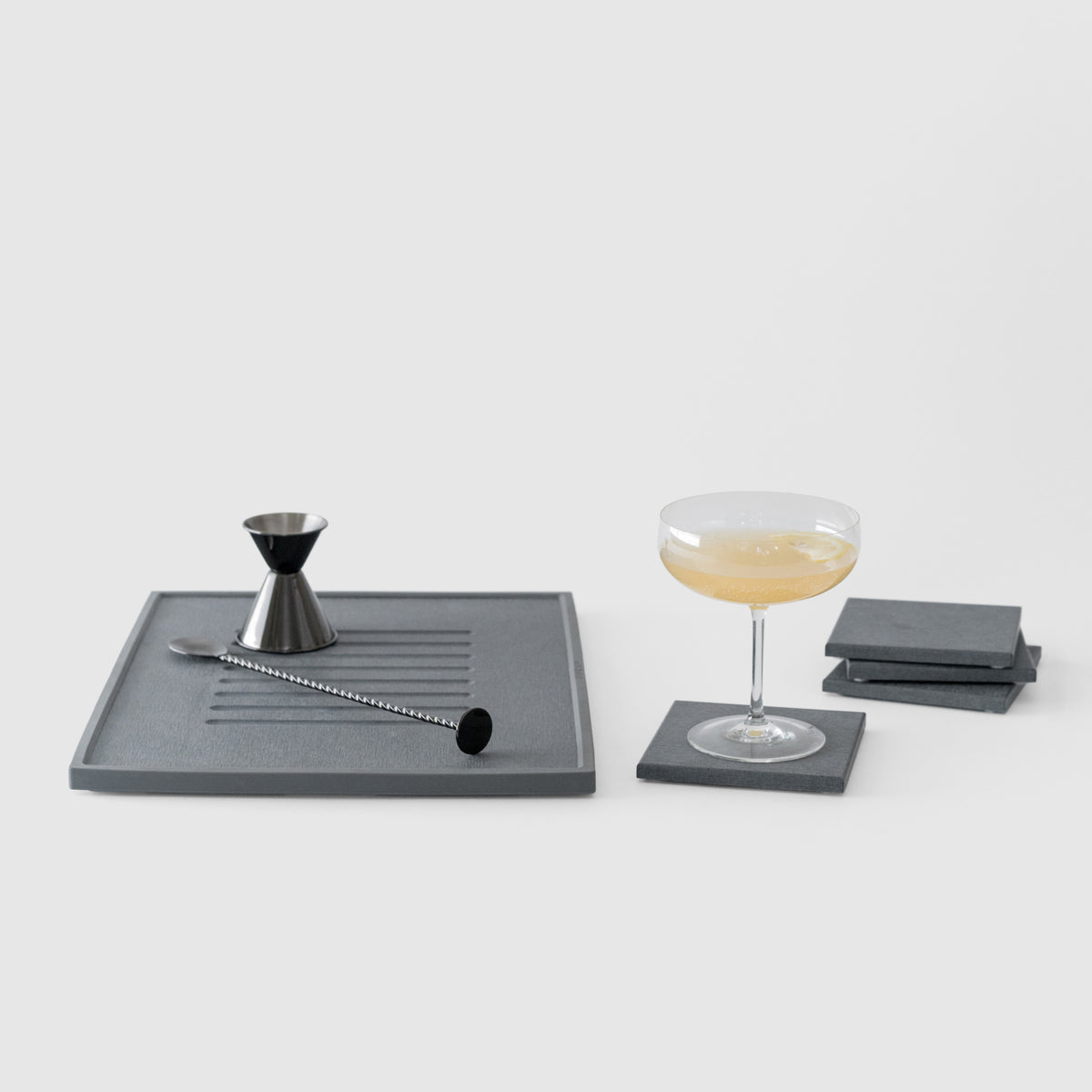 Compact Kitchen Set in Slate with dish drying stone and coasters. 