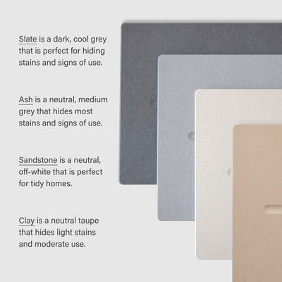 Bath Stone Color Comparison featuring Slate, Ash, Sandstone, and Clay.