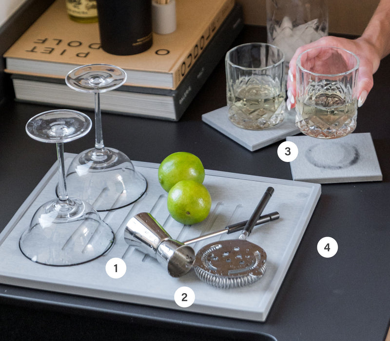 Modern bar set with quick-drying coaster labeled 1-4. 