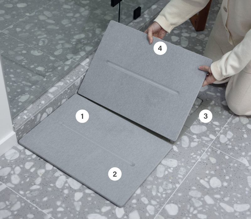 Why Medium Bath Stone in modern bathroom with parts numbered 1-4.