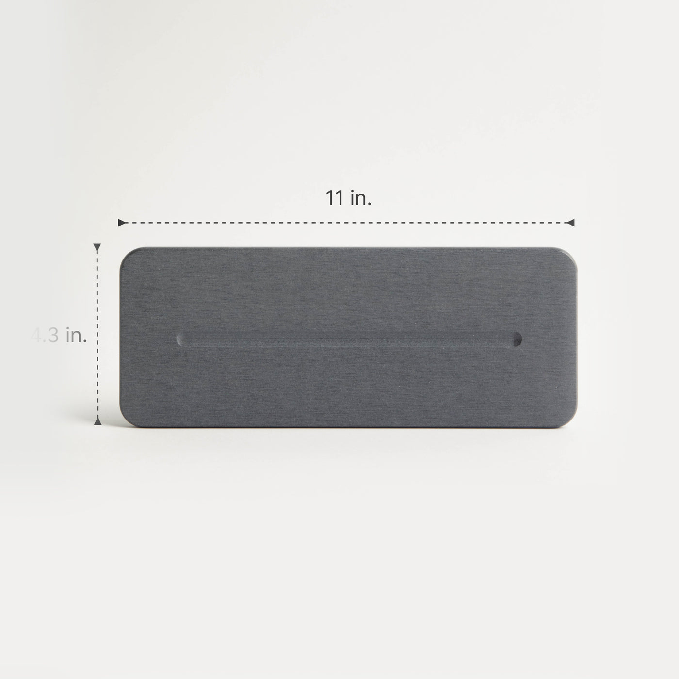 Rectangular gray stone sink caddy with dimensions labeled on a white background