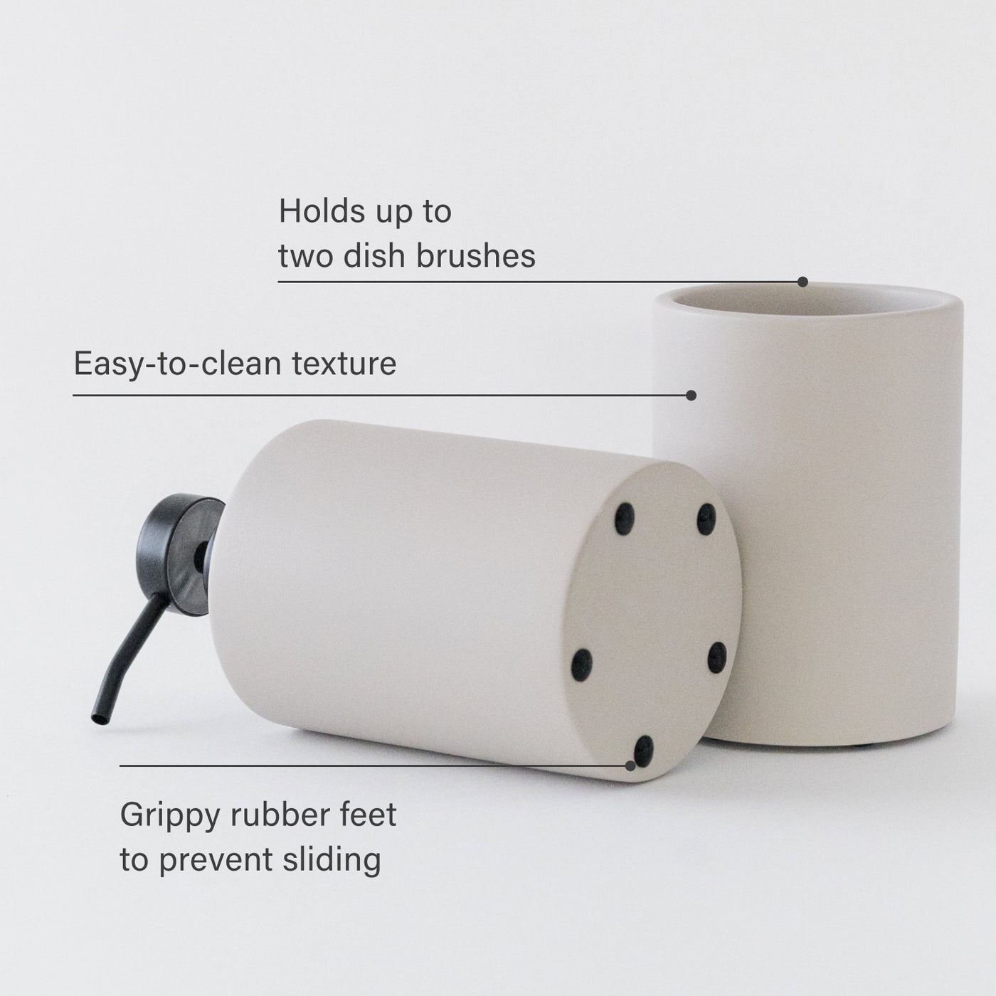 Two beige cylindrical containers with a pump on a light gray background, featuring text about their features.
