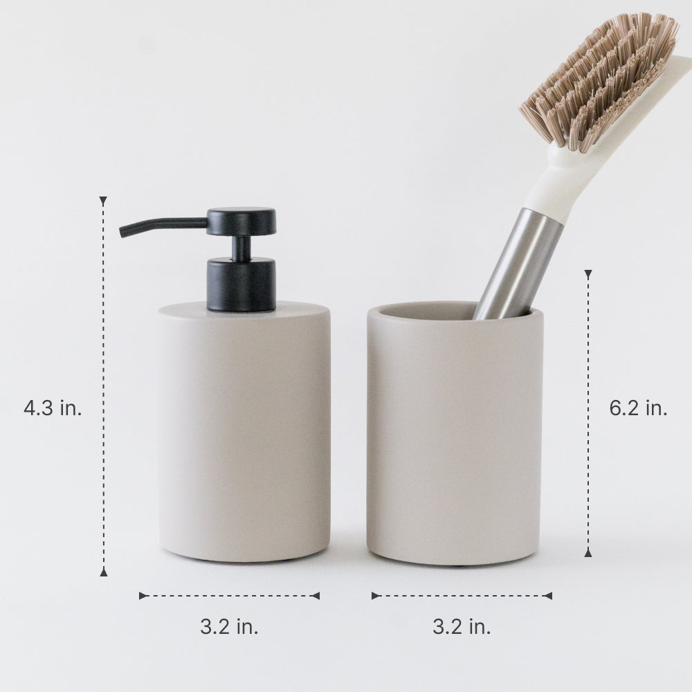 Bathroom set with dispenser, cup, and brush with measurements on a light gray background