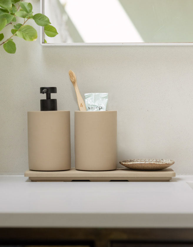 Dorai Modern Stone Sink Set with soap dispenser. 