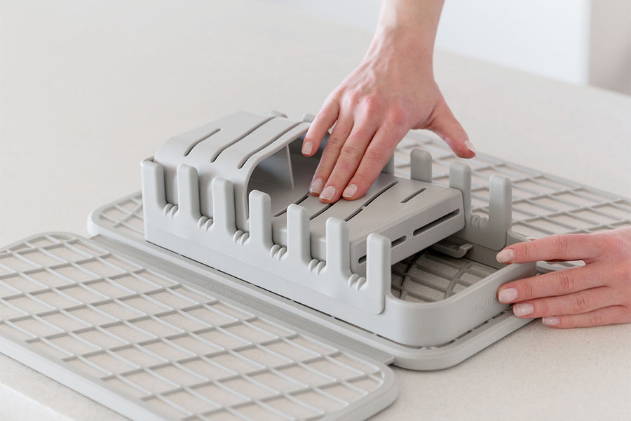 Dorai Dish Pad Rack that folds down for easy storage.