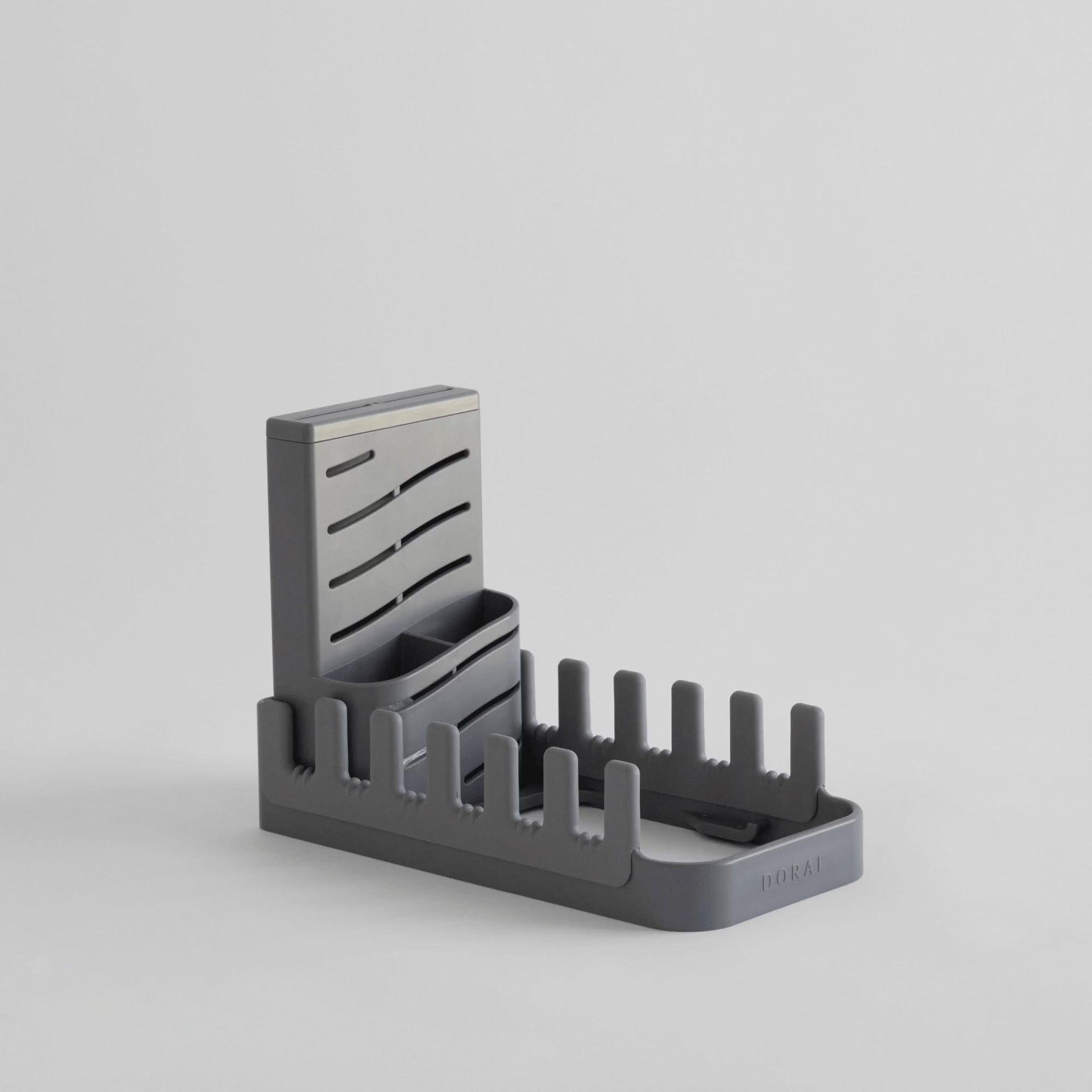 Slate Dish Pad Rack filled with dishes and utensils.