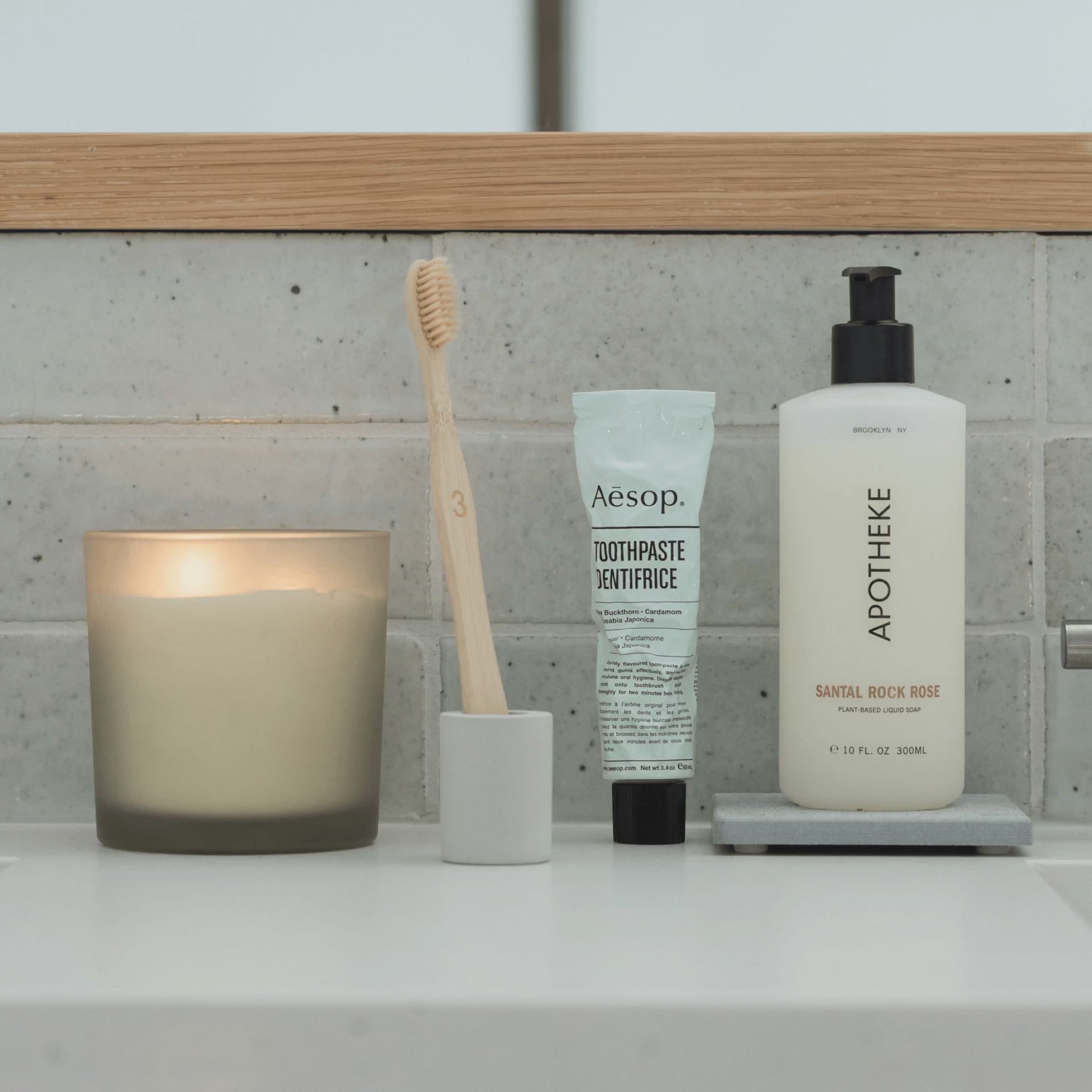 Light Gray Small Toothbrush Holder in bathroom with Soap Caddy. 