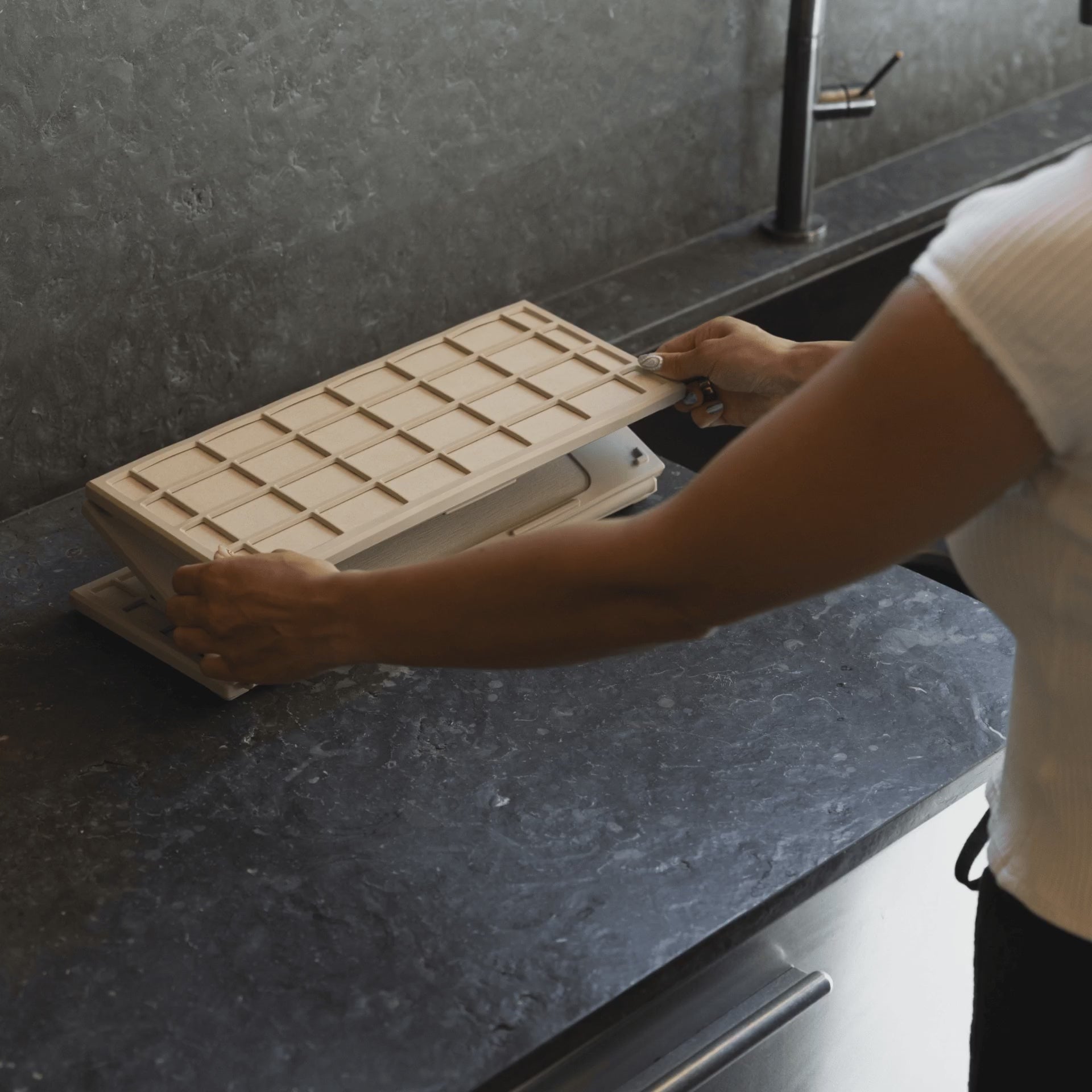 Clay Ridge Dish Pad folding down in kitchen.