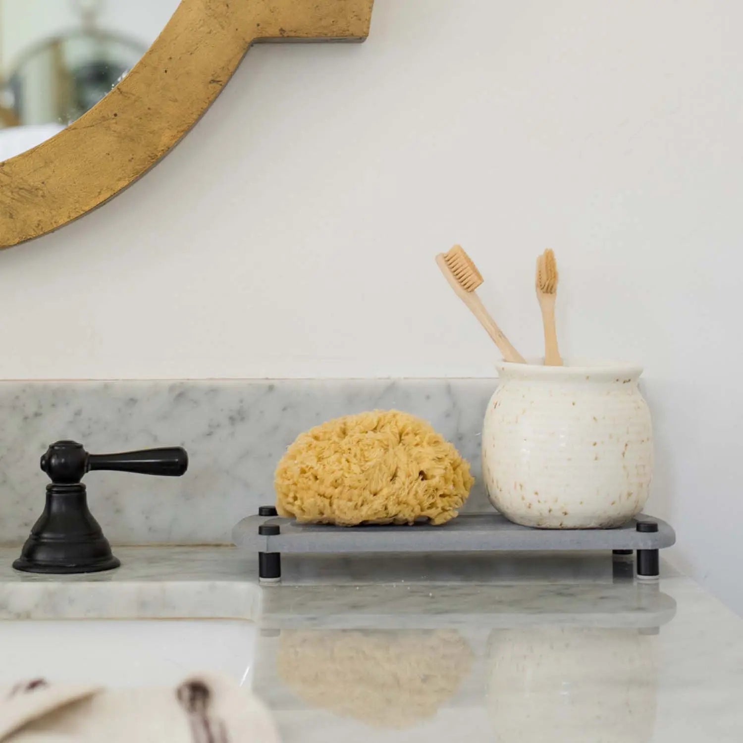 Slate sink caddy with sponge and tooth brushes