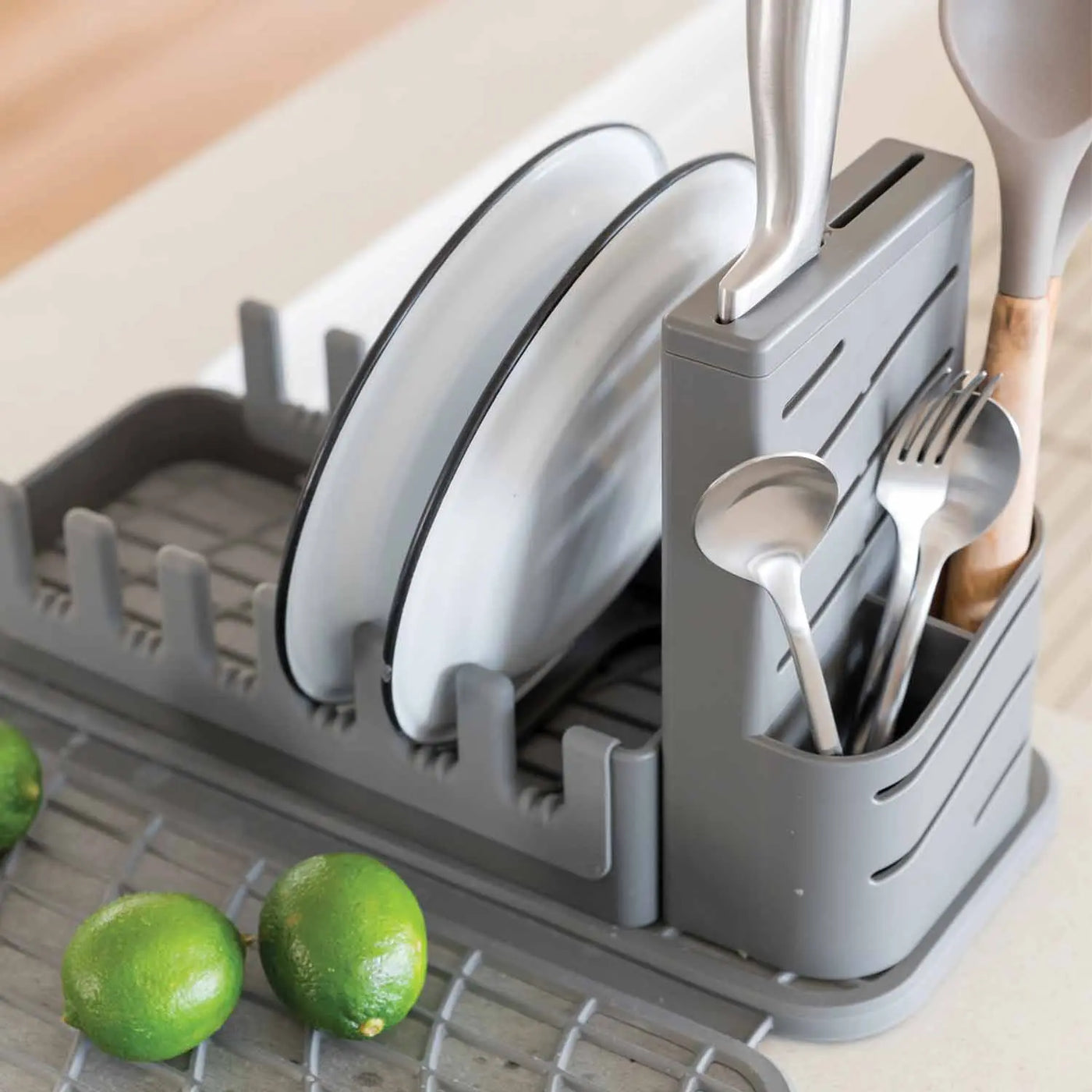 slate dish pad and rack bundle with dishes, limes and utensilsi