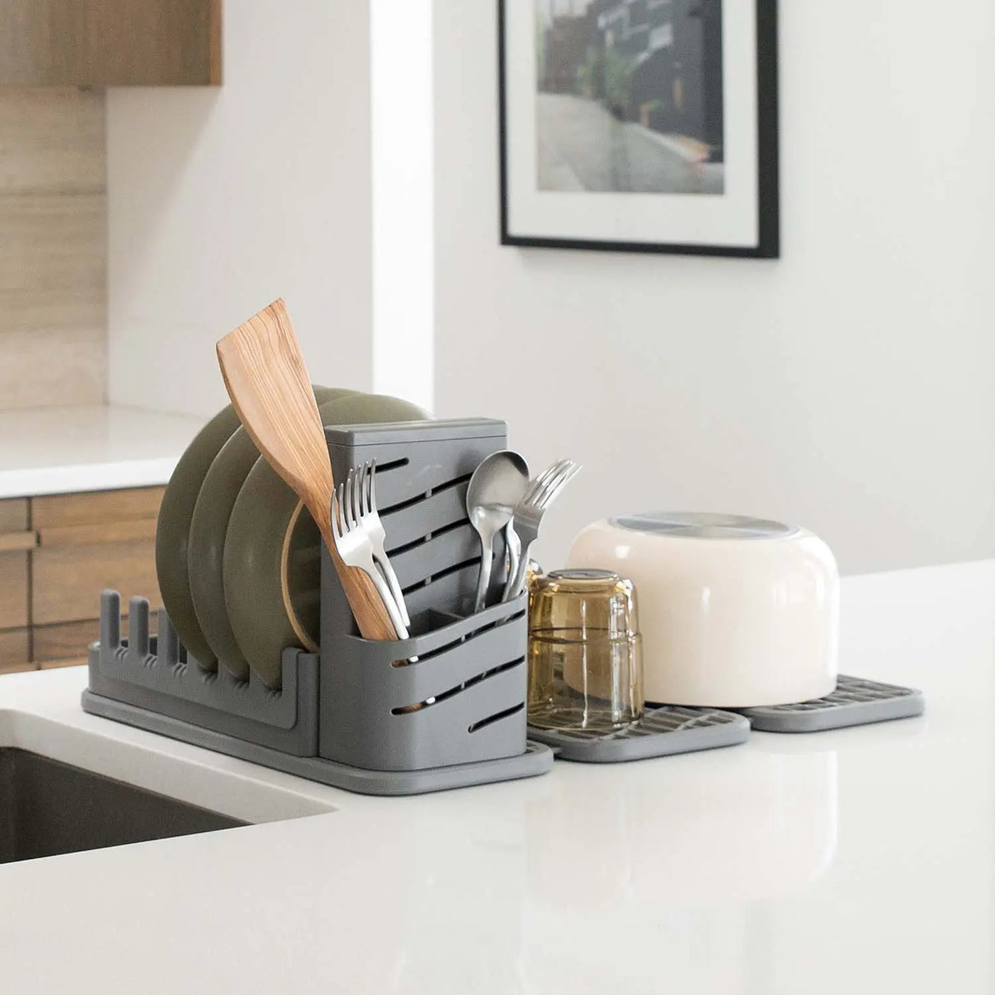 slate dish pad and rack with utensils and dishes