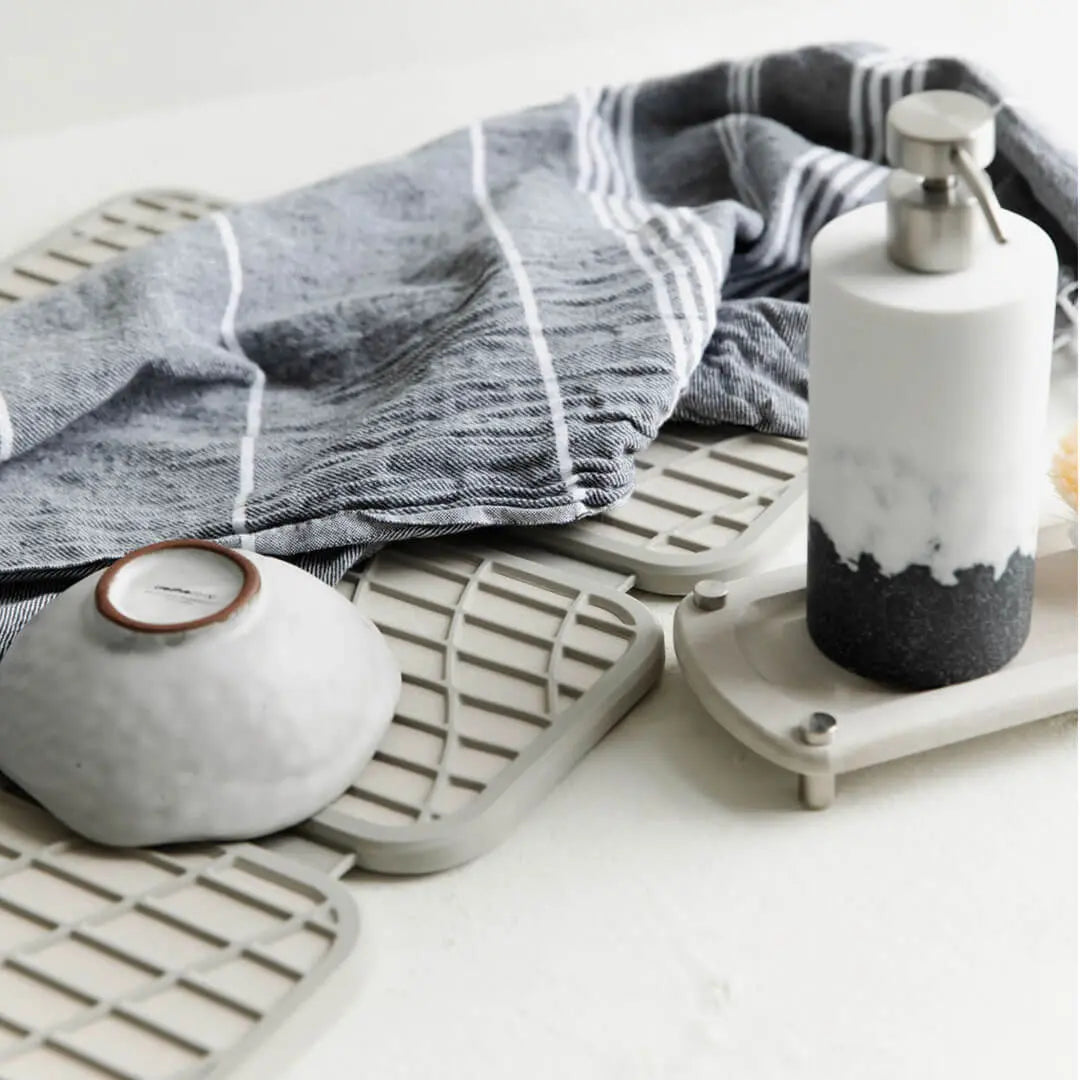 Dorai Dish Pad with dishes and towel and Sink Caddy with soap